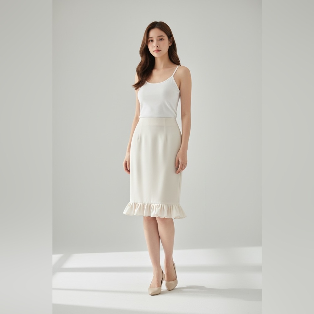 Le Suit Vintage Classic Cream Ruffle-Hem Pencil Skirt Dark academia style